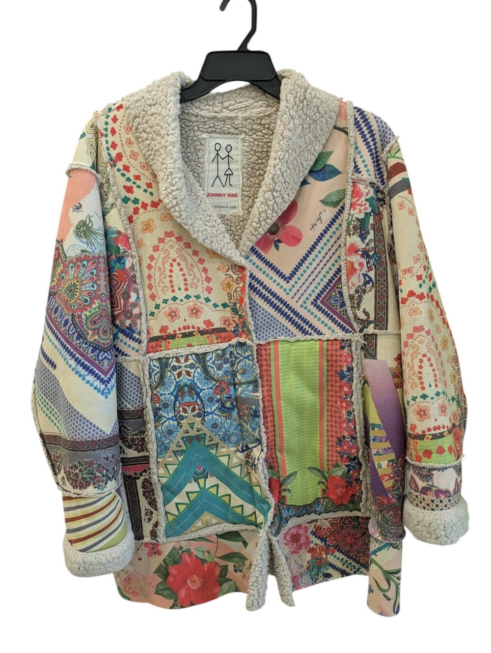 Johnny Was Gigianna Suede Jacket XL Patchwork Mixed Print Sherpa Lined Boho Coat - Picture 10 of 10